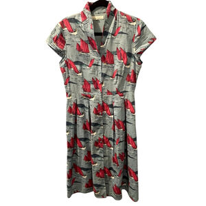 Vintage-Inspired Red Sailboat Print Midi Dress